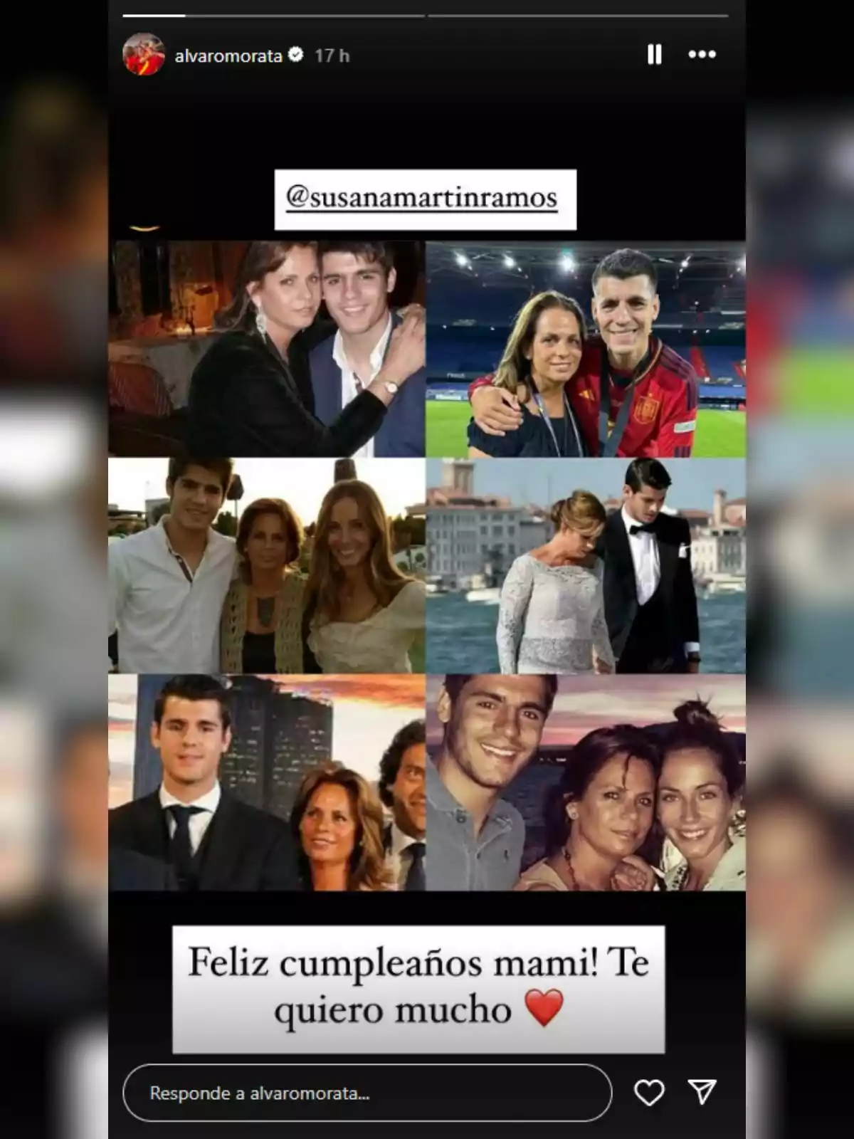 Collage de fotos familiares en diferentes momentos y lugares, acompañado de un mensaje de felicitación de cumpleaños para una madre con un corazón rojo, que es de Álvaro Morata a su madre. Collage de fotos familiares en diferentes momentos y lugares, acompañado de un mensaje de felicitación de cumpleaños para una madre con un corazón rojo, que es de Álvaro Morata a su madre.