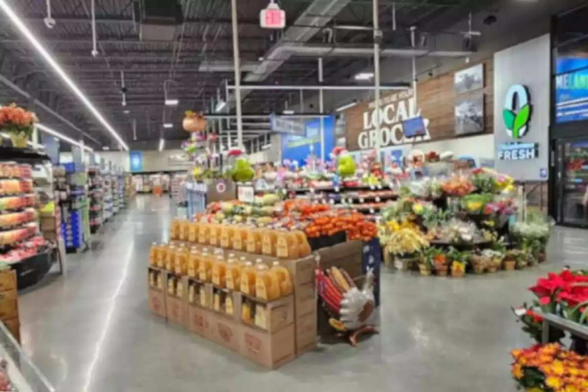 Interior de un supermercado con estantes de jugos, frutas, verduras y flores, todo bien iluminado y ordenado Interior de un supermercado con estantes de jugos, frutas, verduras y flores, todo bien iluminado y ordenado