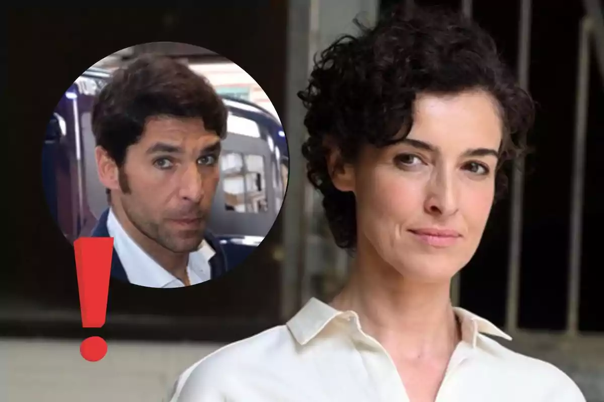 Blanca Romero de cabello corto y rizado con camisa blanca al frente, al fondo un círculo con la imagen de Cayetano Rivera de cabello oscuro y un signo de exclamación rojo
