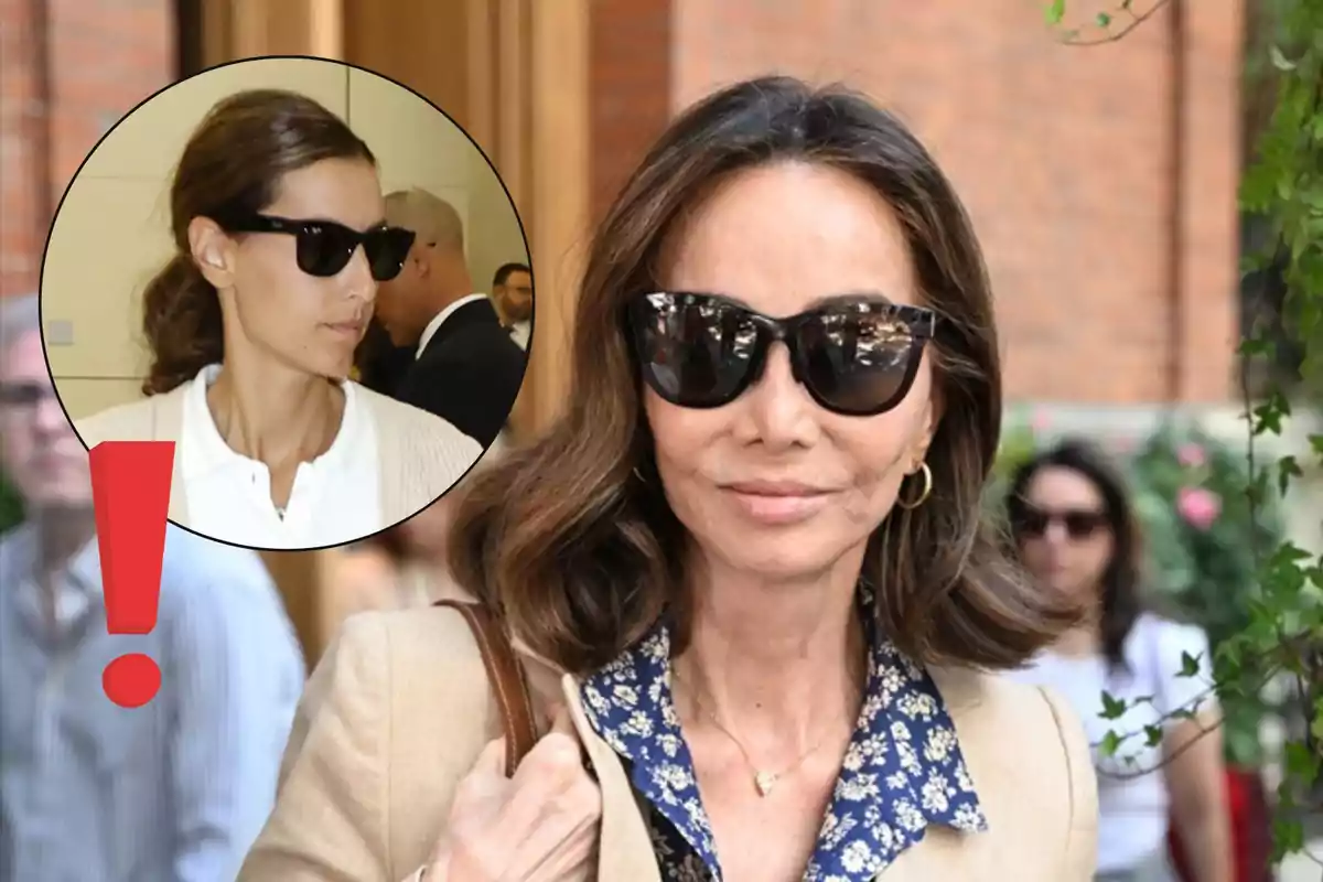 Ana Boyer e Isabel Preysler con gafas de sol, Isabel en primer plano con cabello suelto y Ana en un recuadro circular con el cabello recogido, ambas en un entorno urbano