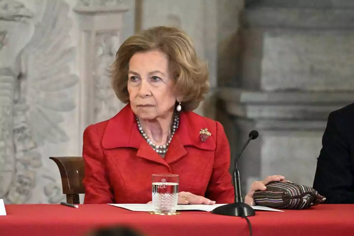 Mujer mayor con cabello rubio y ropa roja sentada en una mesa con un vaso de agua y un micrófono frente a ella Mujer mayor con cabello rubio y ropa roja sentada en una mesa con un vaso de agua y un micrófono frente a ella