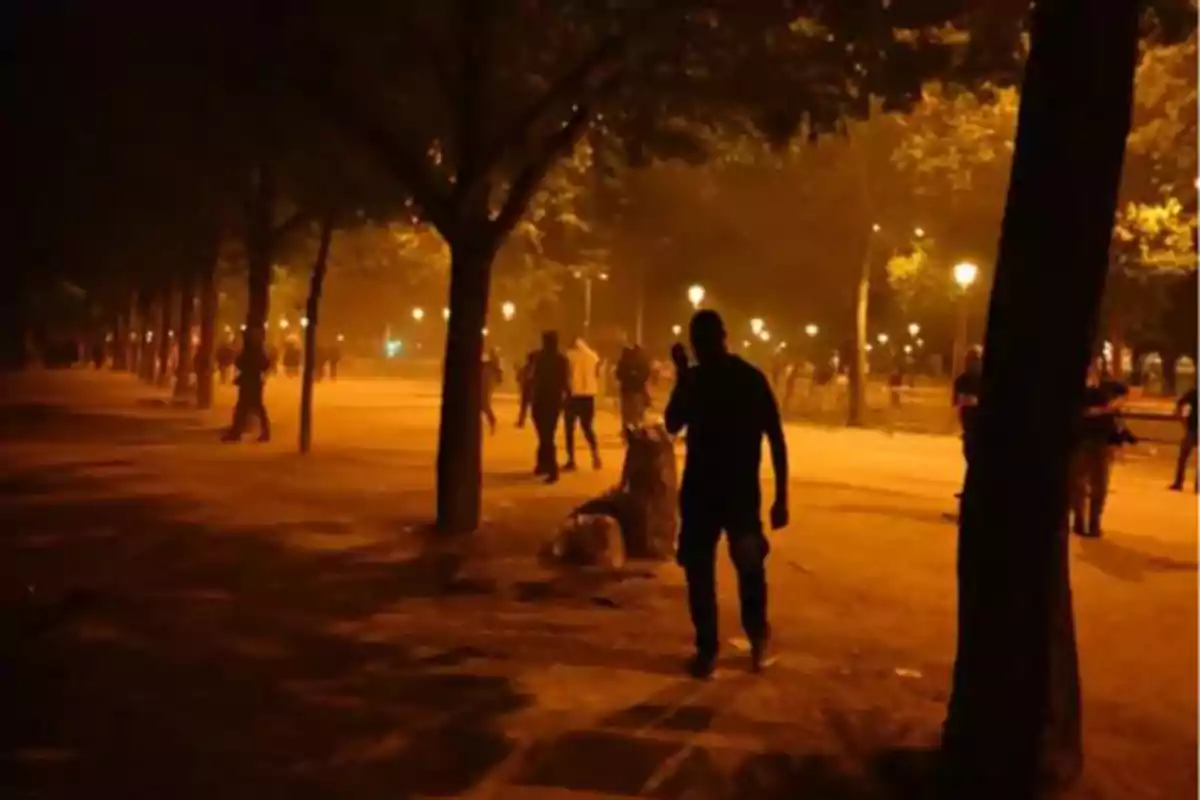 Personas caminando de noche en un parque iluminado por farolas entre árboles y sombras
