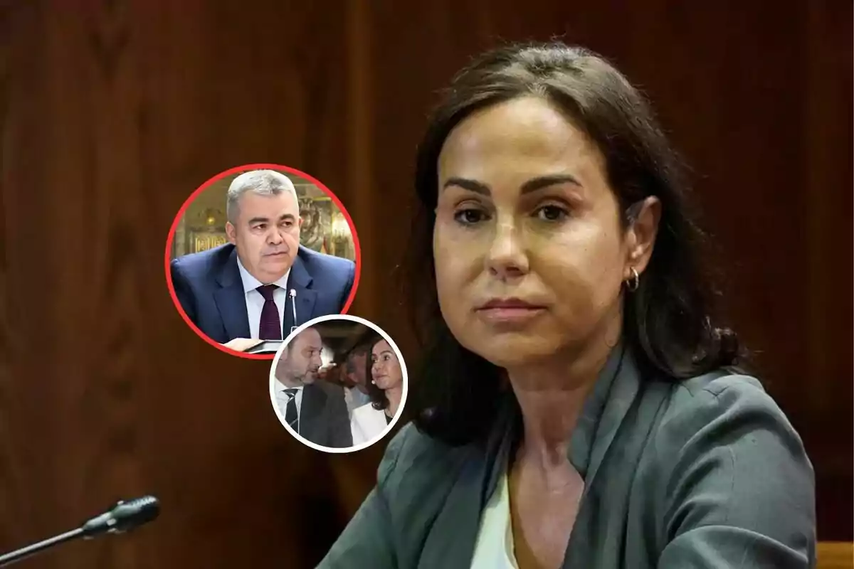 Mujer de cabello oscuro con expresión seria en primer plano, al fondo dos recuadros circulares muestran a un hombre de cabello canoso en traje y a una pareja conversando