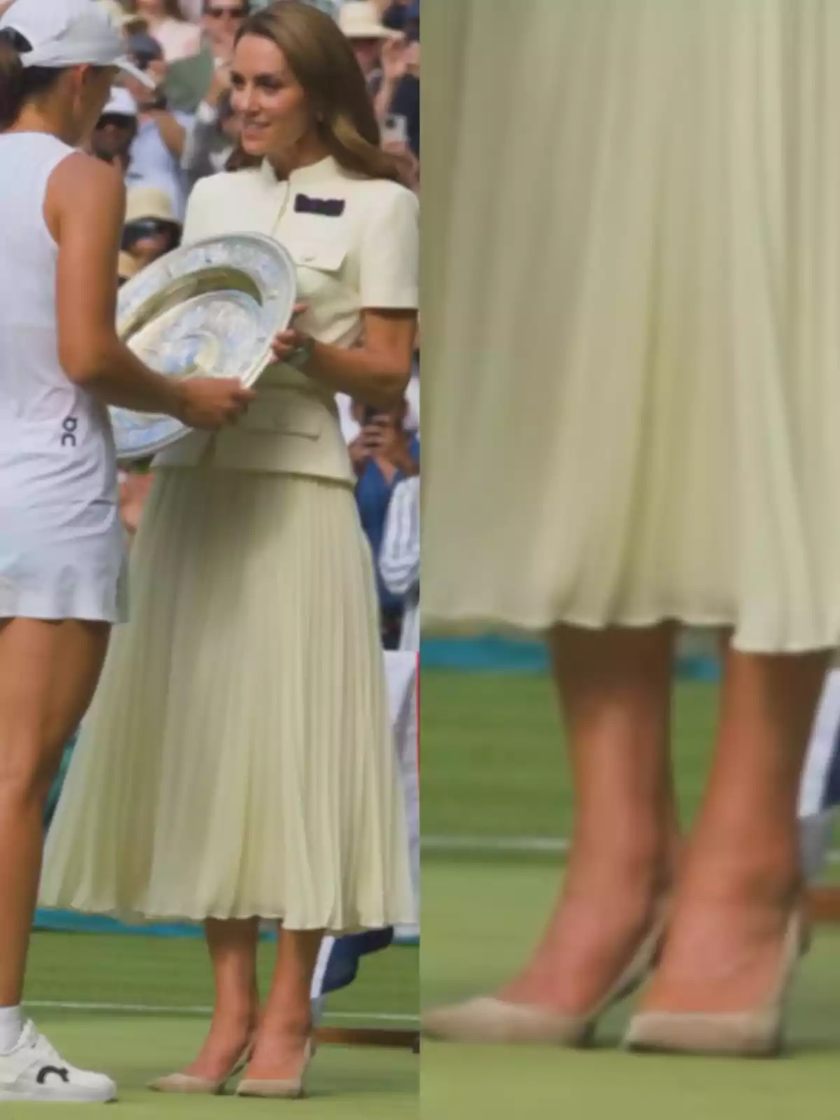 Two women at a sports award ceremony, one of them holding a silver trophy and wearing a light-colored outfit with a pleated skirt and beige heels. Two women at a sports award ceremony, one of them holding a silver trophy and wearing a light-colored outfit with a pleated skirt and beige heels.