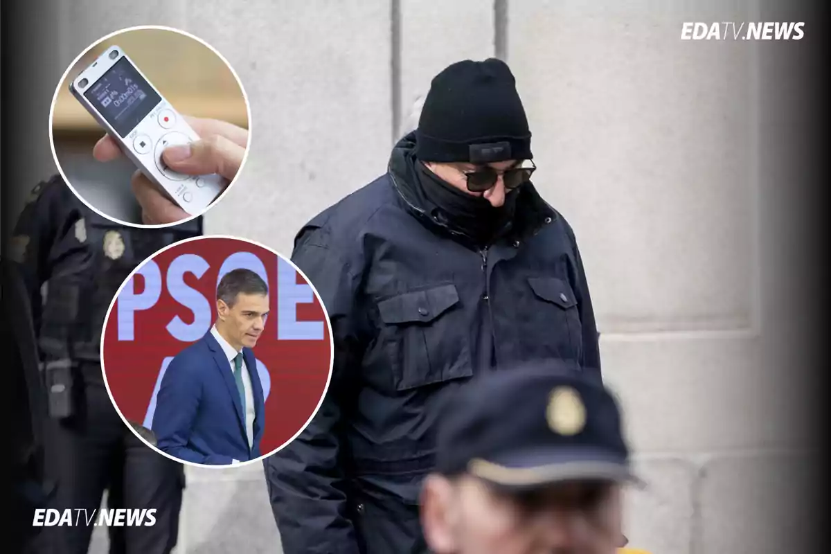 Un hombre con gorro y gafas oscuras camina junto a un policía mientras dos círculos muestran un grabador de voz y un hombre de traje frente a un fondo rojo con letras blancas