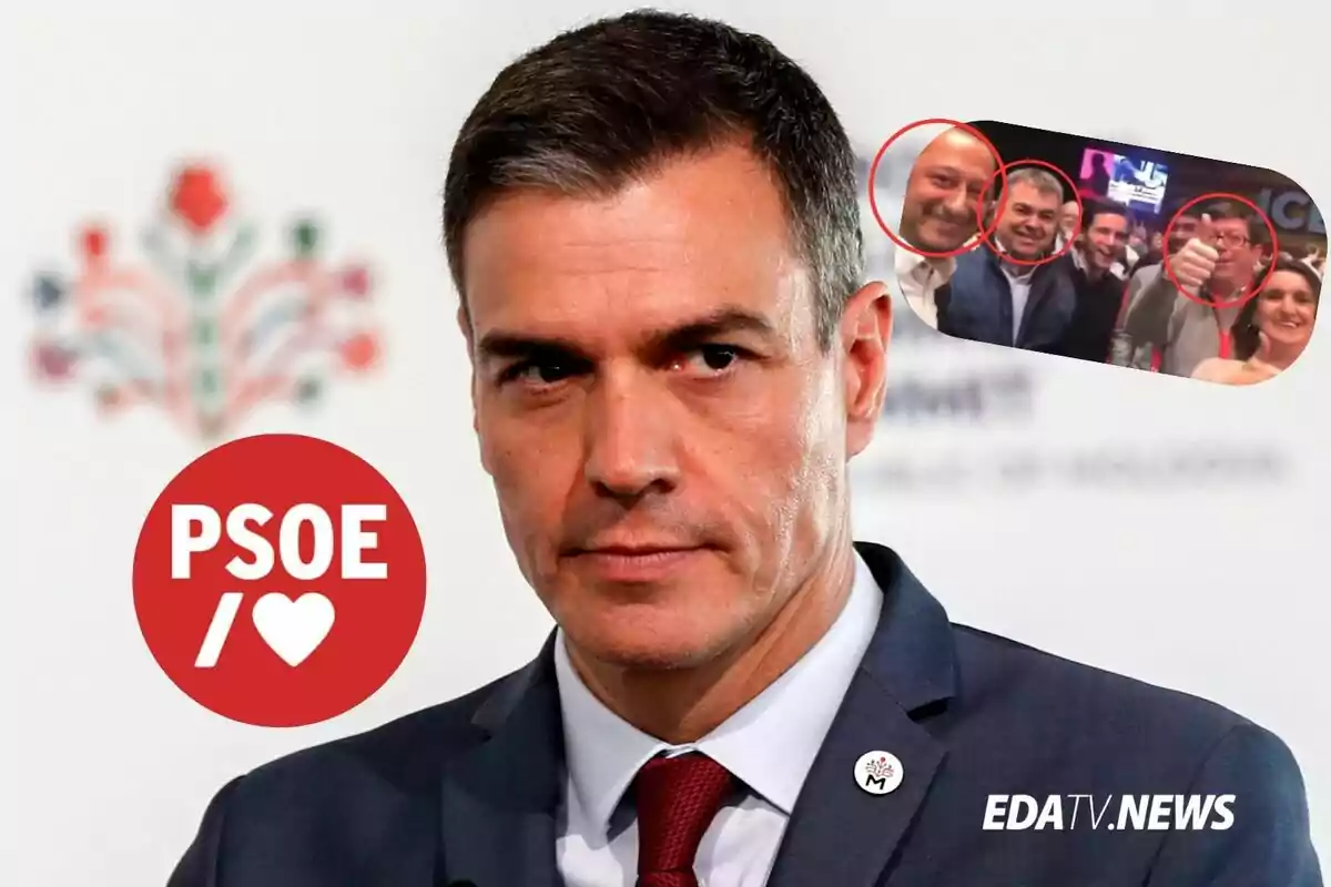 Hombre de traje con expresión seria, logotipo del PSOE y un recuadro con varias personas sonrientes al fondo