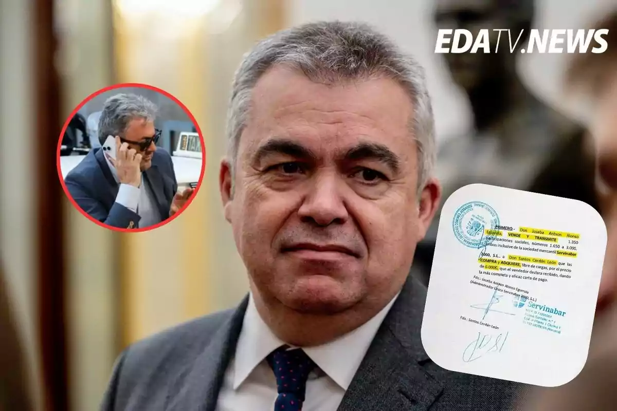 Hombre de cabello canoso con expresión seria, en la esquina superior izquierda aparece un recuadro con otra persona usando gafas de sol y hablando por teléfono, en la parte inferior derecha se muestra un documento resaltado y el logo de EDATV NEWS en la esquina superior derecha.