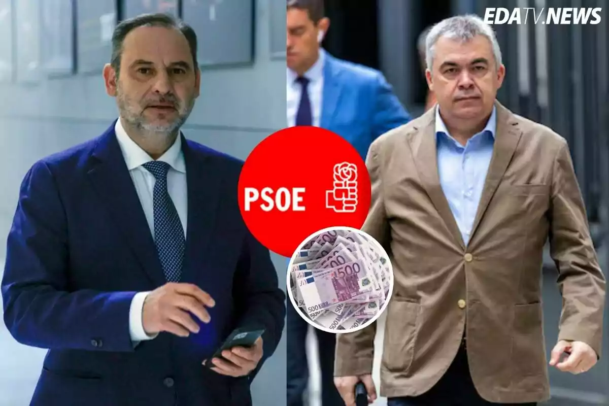 Dos hombres vestidos de traje aparecen junto a un logotipo rojo del PSOE y una imagen de billetes de euro, con el texto EDATV.NEWS en la esquina superior derecha.