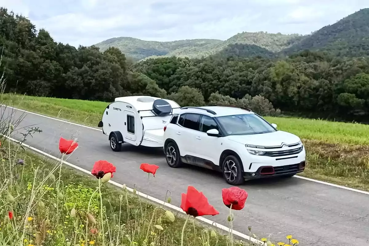 Auto blanco con remolque pequeño circulando por una carretera rural rodeada de vegetación y flores rojas con montañas al fondo