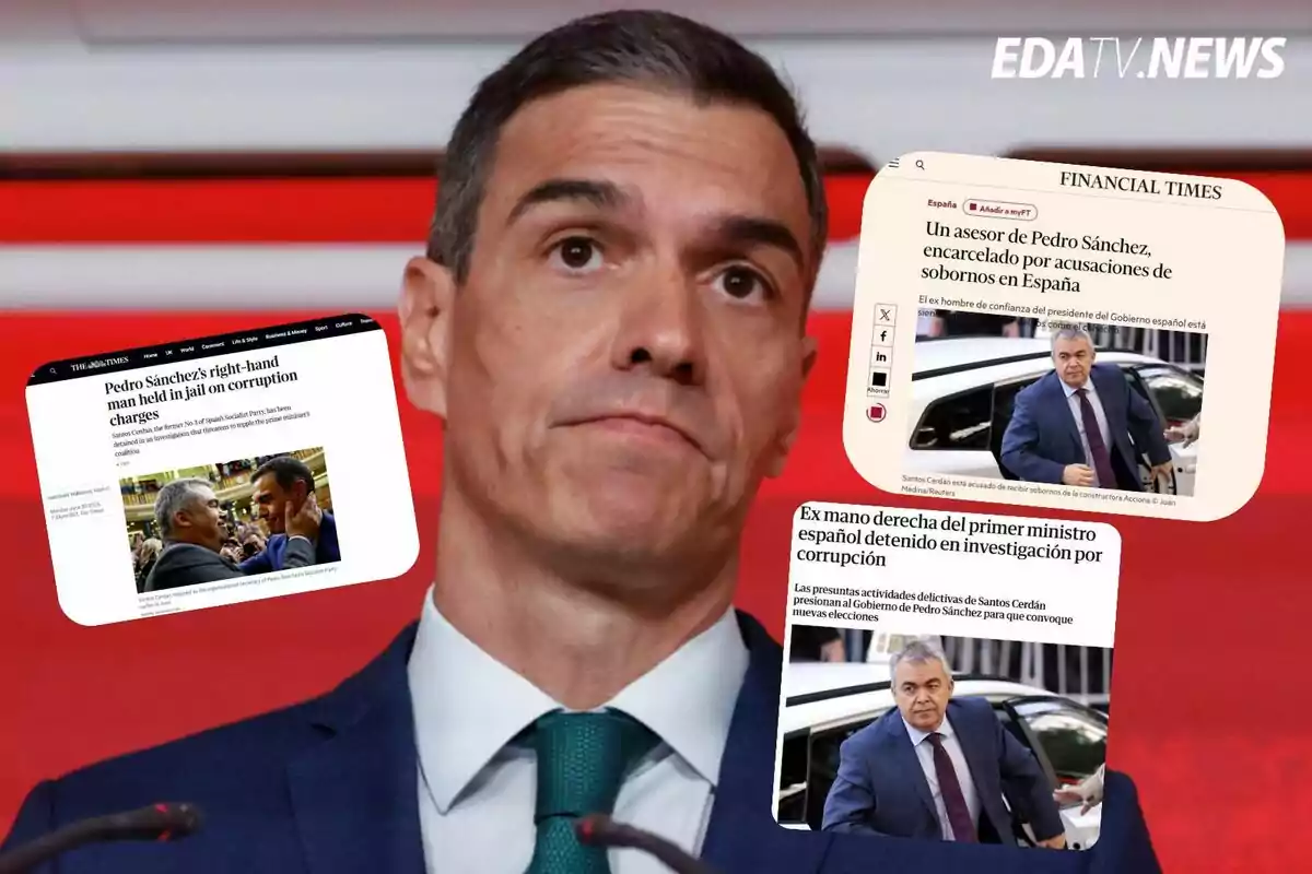 Un hombre con expresión seria aparece en primer plano, mientras alrededor de él flotan recortes de noticias en inglés y español sobre un caso de corrupción relacionado con un asesor político