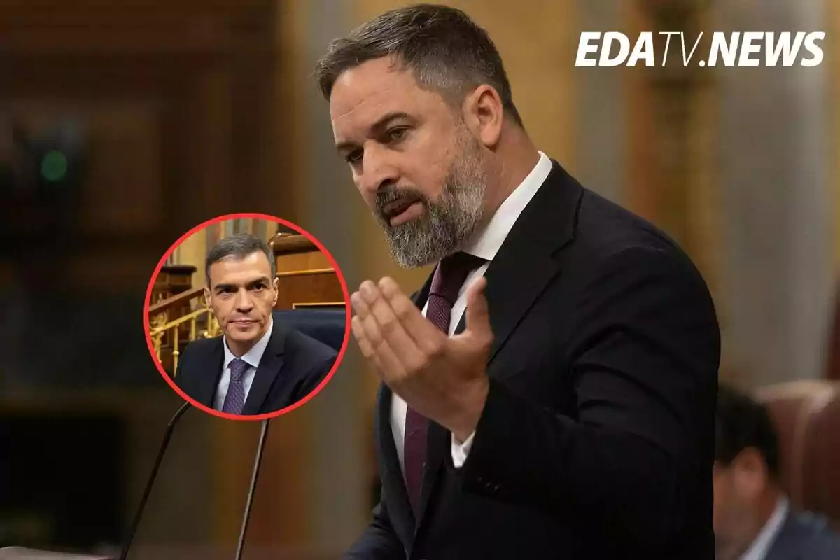 Hombre de barba y traje hablando en un parlamento con un recuadro que muestra a otro hombre en el mismo lugar y el logo de EDATV NEWS en la esquina superior derecha
