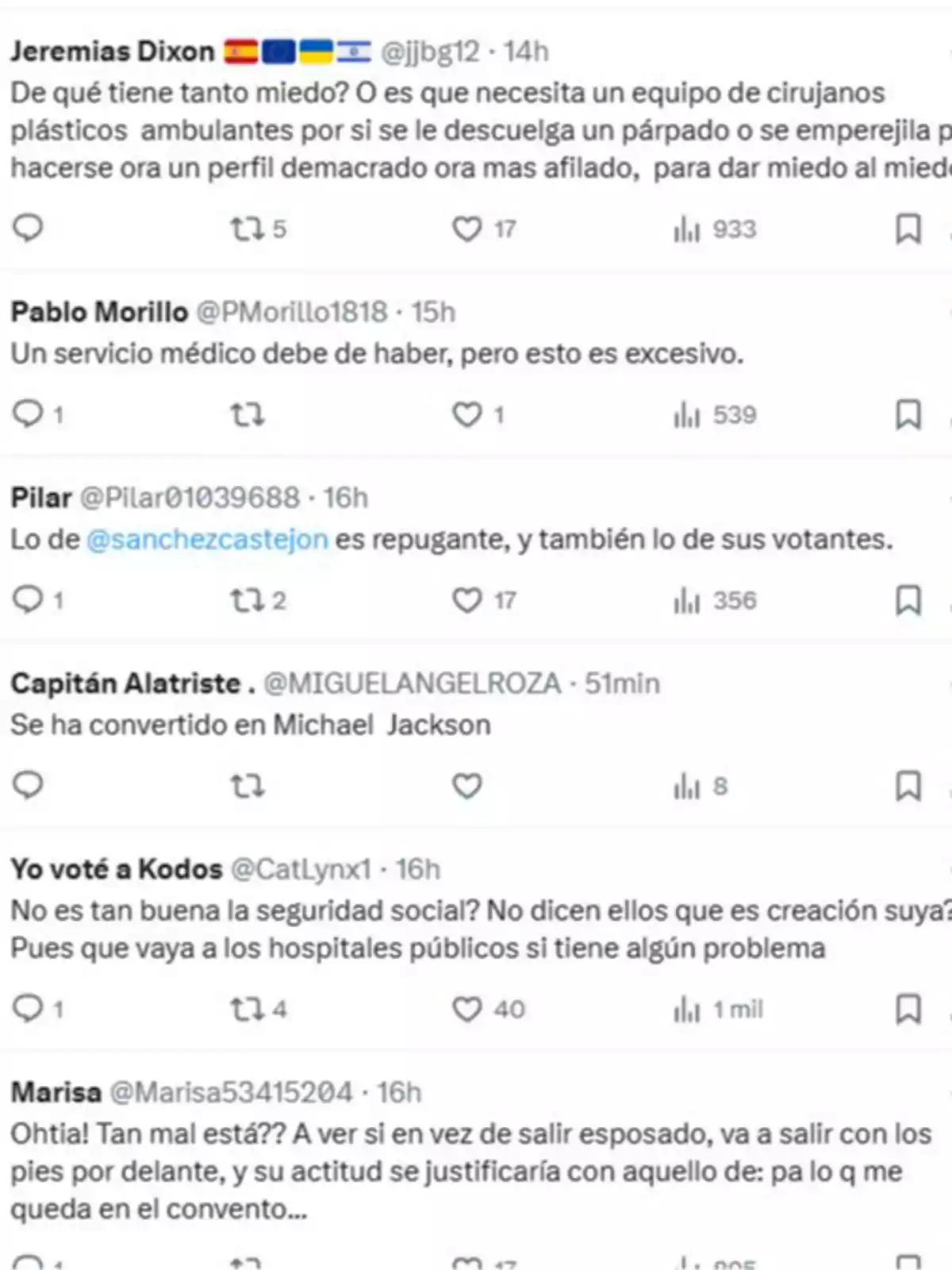 Captura de pantalla de varios comentarios en Twitter donde diferentes usuarios opinan de forma crítica y sarcástica sobre un tema relacionado con servicios médicos y una figura pública. Captura de pantalla de varios comentarios en Twitter donde diferentes usuarios opinan de forma crítica y sarcástica sobre un tema relacionado con servicios médicos y una figura pública.
