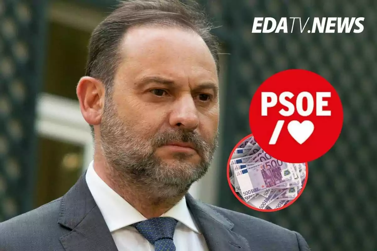 Hombre con barba y traje mirando serio con el logo de PSOE y billetes de euro junto al texto EDATV NEWS en la esquina superior derecha