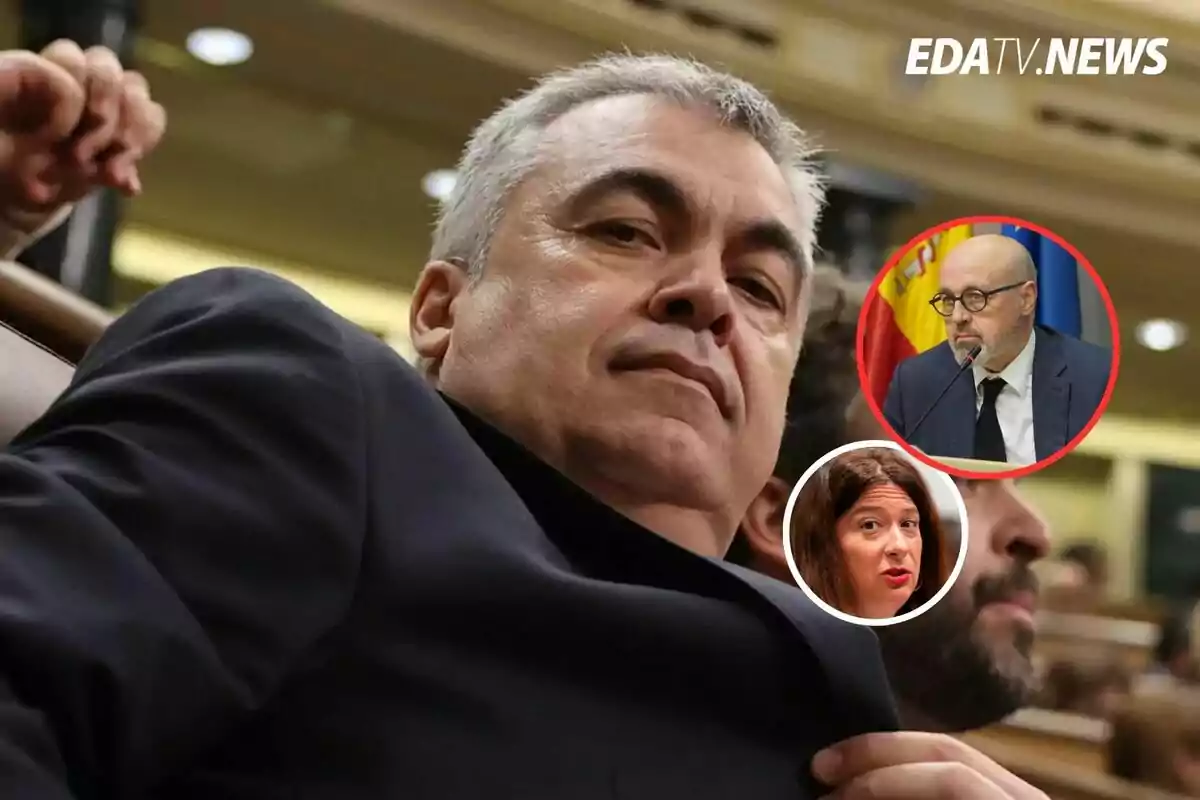 Hombre de cabello canoso en primer plano con expresión seria, en la esquina superior derecha aparecen dos recuadros circulares con los rostros de un hombre con gafas y una mujer, junto al logo de EDATV NEWS.