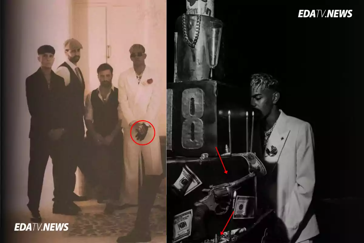 Cuatro hombres vestidos de manera elegante posan en una foto antigua, mientras que en la imagen de la derecha un joven con traje claro está junto a un pastel decorado con billetes, una pistola y velas, ambos escenarios resaltan detalles señalados con círculos y flechas rojas.