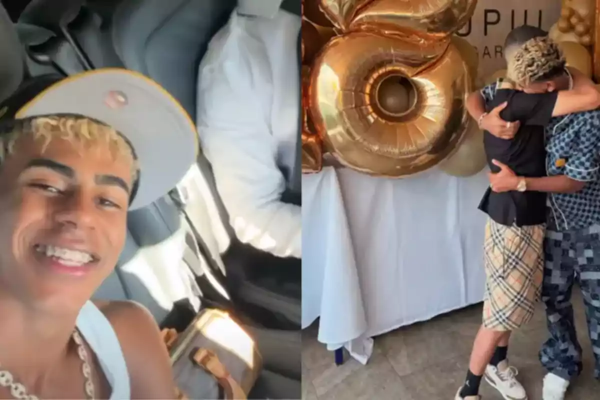 Un joven sonriente con gorra y cabello rubio posa para una selfie en un auto y en la otra mitad de la imagen abraza a otra persona frente a globos dorados de cumpleaños Un joven sonriente con gorra y cabello rubio posa para una selfie en un auto y en la otra mitad de la imagen abraza a otra persona frente a globos dorados de cumpleaños
