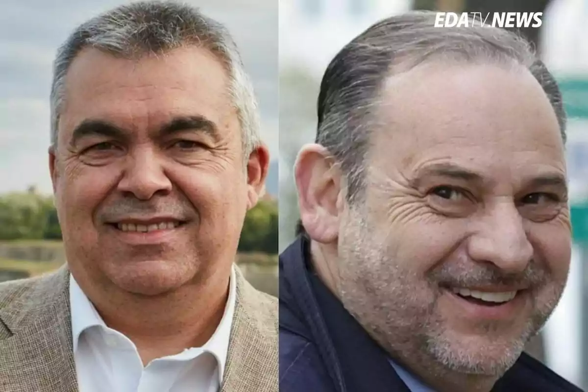 Dos hombres de mediana edad sonríen en primer plano uno lleva chaqueta clara y el otro chaqueta oscura con la marca EDATV NEWS en la esquina superior derecha