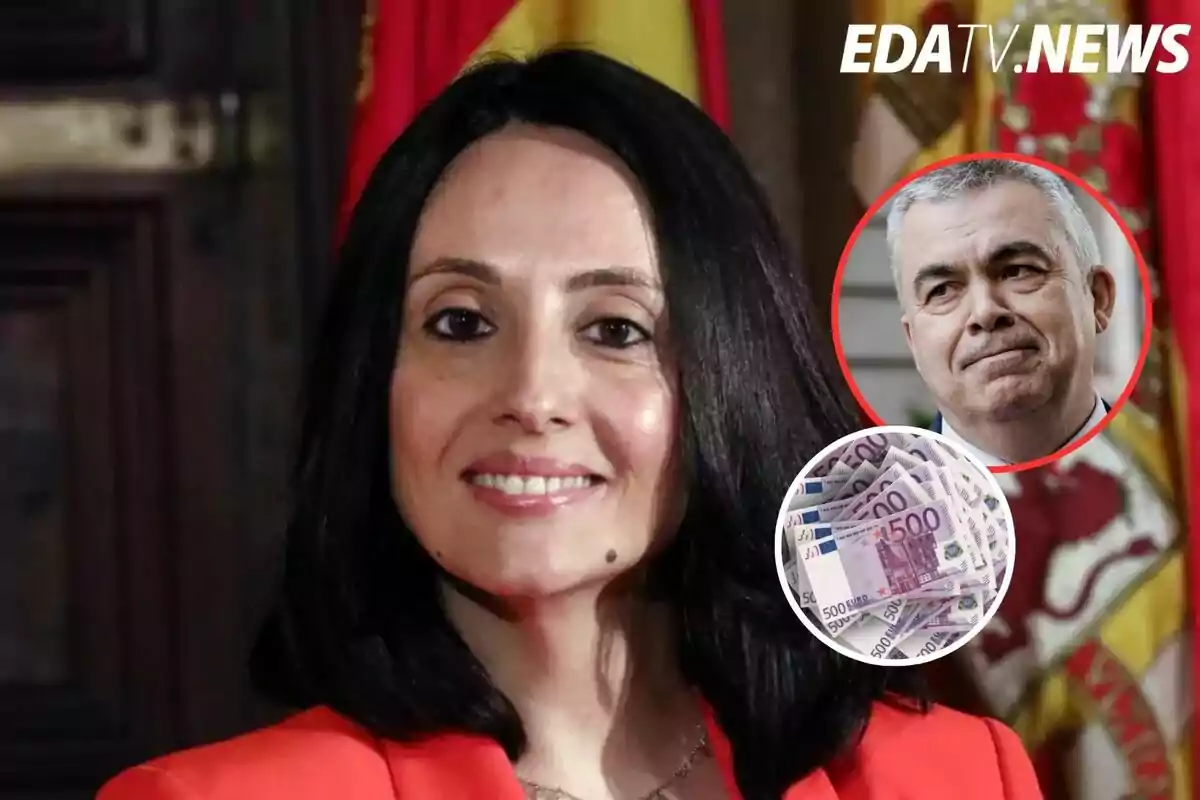 Mujer de cabello oscuro sonriente con fondo de bandera, en la esquina superior derecha aparece un hombre canoso en un círculo y debajo un círculo con billetes de euro, junto al logo de EDATV NEWS.
