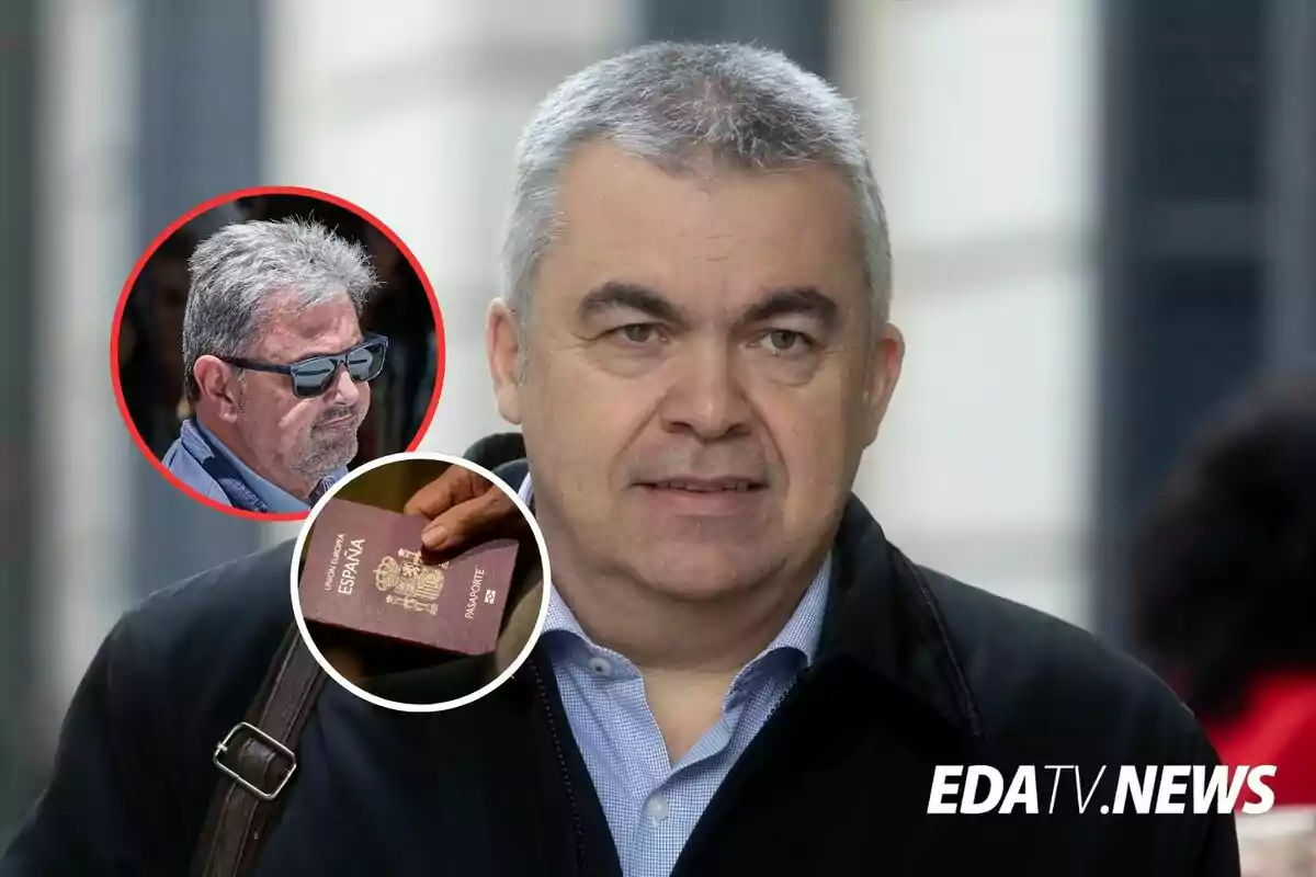 Hombre de cabello canoso con chaqueta oscura y camisa azul, acompañado de dos recuadros uno mostrando a un hombre con gafas de sol y otro una mano sosteniendo un pasaporte español, con el logo de EDATV NEWS en la esquina inferior derecha