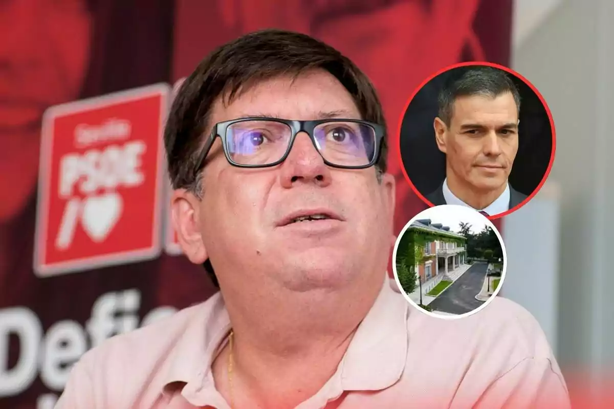 Hombre con gafas y camisa clara en primer plano con un cartel del PSOE de fondo y dos círculos superpuestos que muestran el retrato de un hombre de traje y una casa