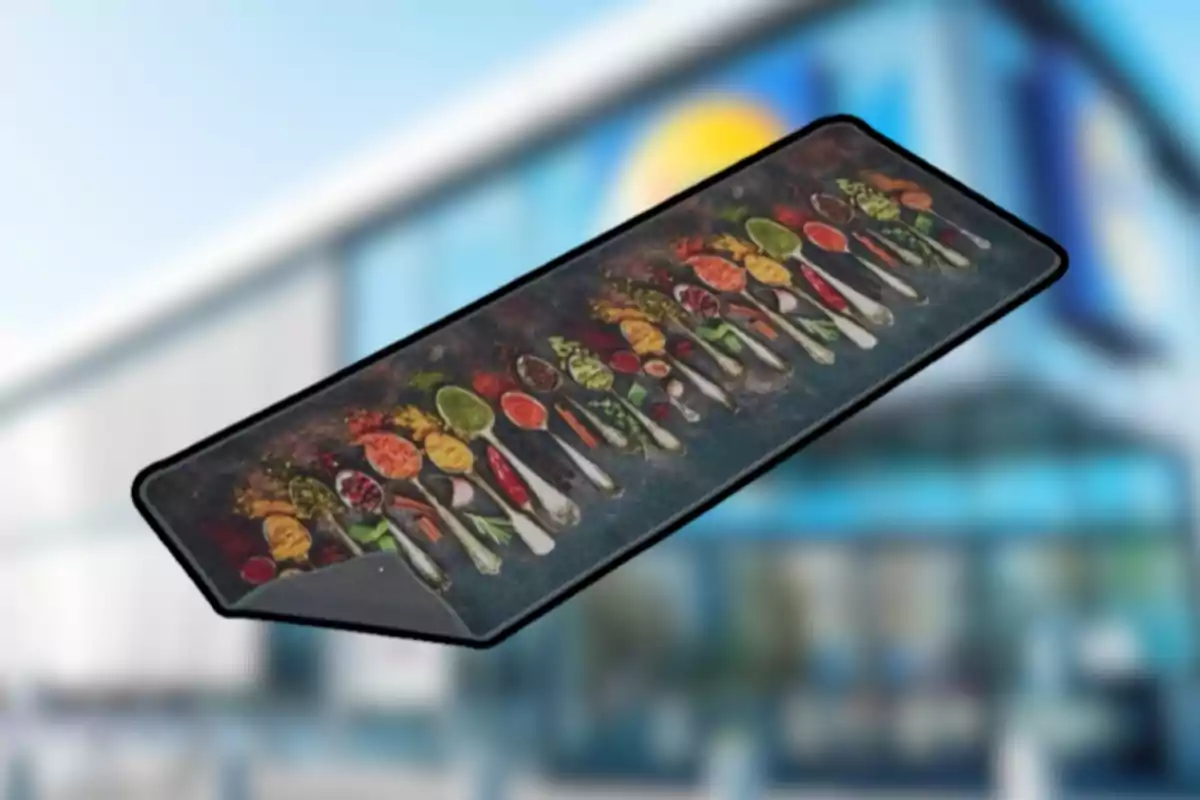 Tapete rectangular con diseño de cucharas llenas de especias de colores sobre un fondo oscuro y un edificio desenfocado al fondo Tapete rectangular con diseño de cucharas llenas de especias de colores sobre un fondo oscuro y un edificio desenfocado al fondo