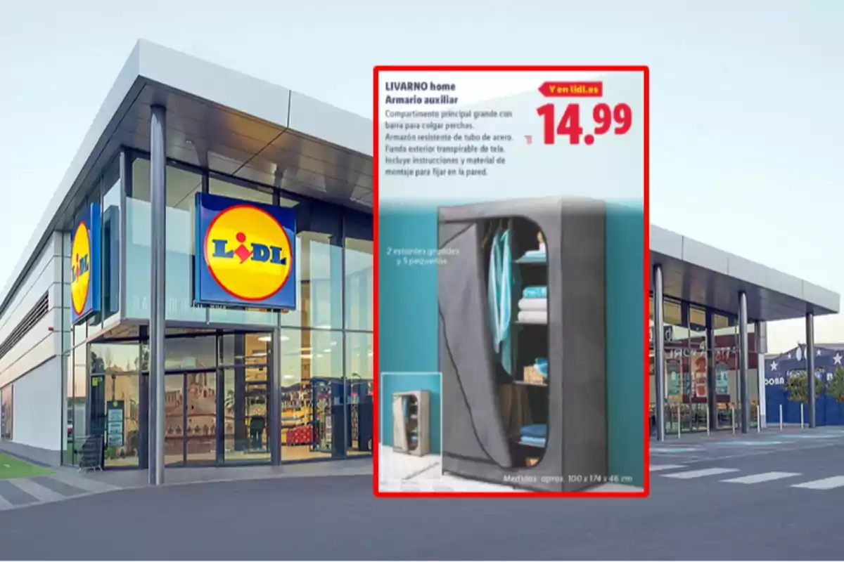 Fachada de una tienda Lidl con un anuncio destacado de un armario auxiliar en oferta por 14,99 euros Fachada de una tienda Lidl con un anuncio destacado de un armario auxiliar en oferta por 14,99 euros
