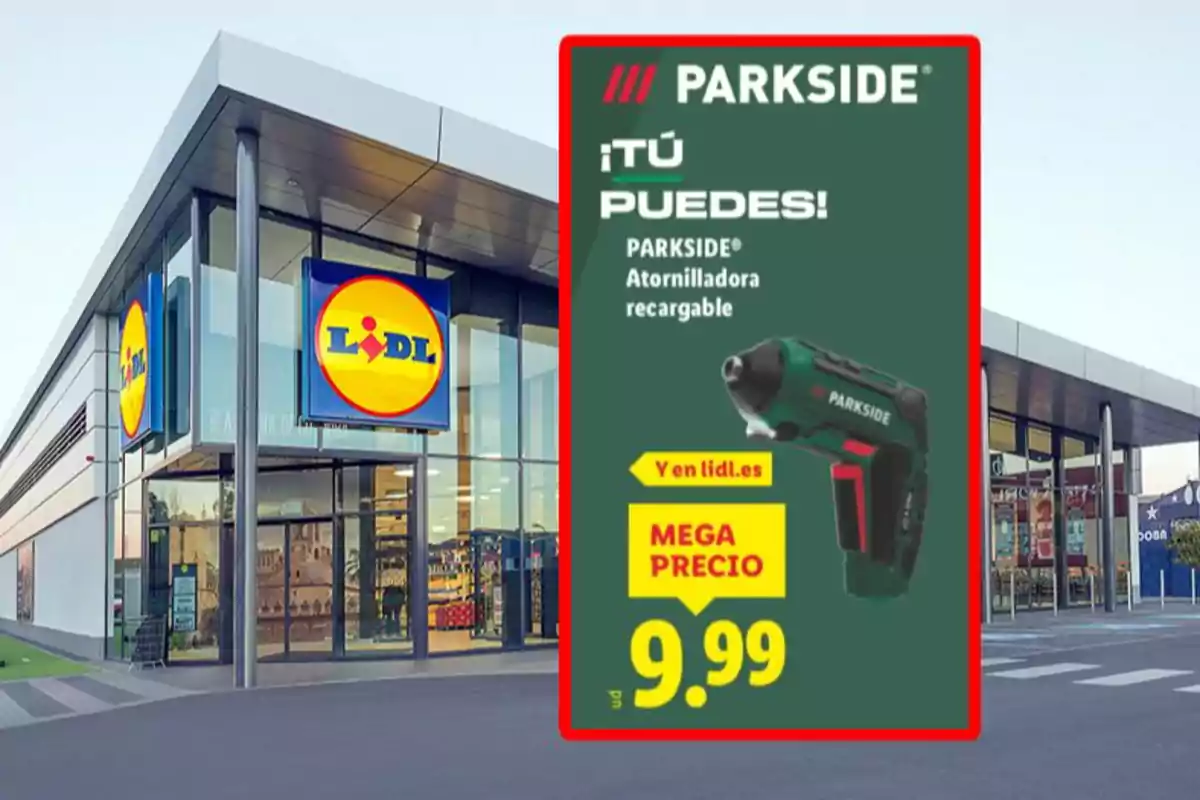 Fachada de una tienda Lidl con un cartel promocional de una atornilladora recargable Parkside en oferta por 9,99 euros Fachada de una tienda Lidl con un cartel promocional de una atornilladora recargable Parkside en oferta por 9,99 euros