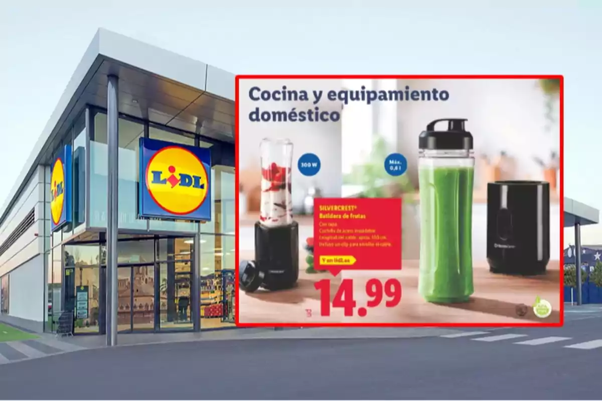 Fachada de una tienda Lidl con un cartel promocional de una batidora de frutas Silvercrest a 14.99 euros Fachada de una tienda Lidl con un cartel promocional de una batidora de frutas Silvercrest a 14.99 euros