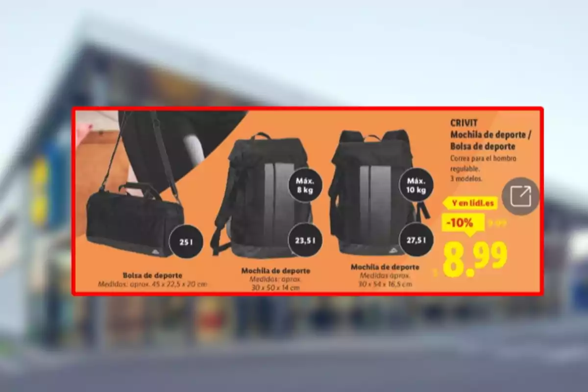 Publicidad de Lidl mostrando tres modelos de mochilas y bolsa de deporte negras con diferentes capacidades y precios en oferta Publicidad de Lidl mostrando tres modelos de mochilas y bolsa de deporte negras con diferentes capacidades y precios en oferta