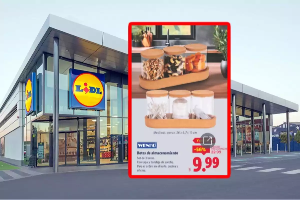 Fachada de una tienda Lidl con un anuncio de botes de almacenamiento en oferta por 9.99 euros Fachada de una tienda Lidl con un anuncio de botes de almacenamiento en oferta por 9.99 euros