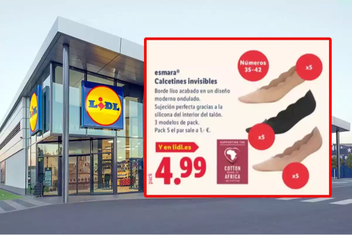 Fachada de una tienda Lidl con un anuncio de calcetines invisibles Esmara en oferta por 4,99 euros mostrando tres modelos en colores beige y negro Fachada de una tienda Lidl con un anuncio de calcetines invisibles Esmara en oferta por 4,99 euros mostrando tres modelos en colores beige y negro