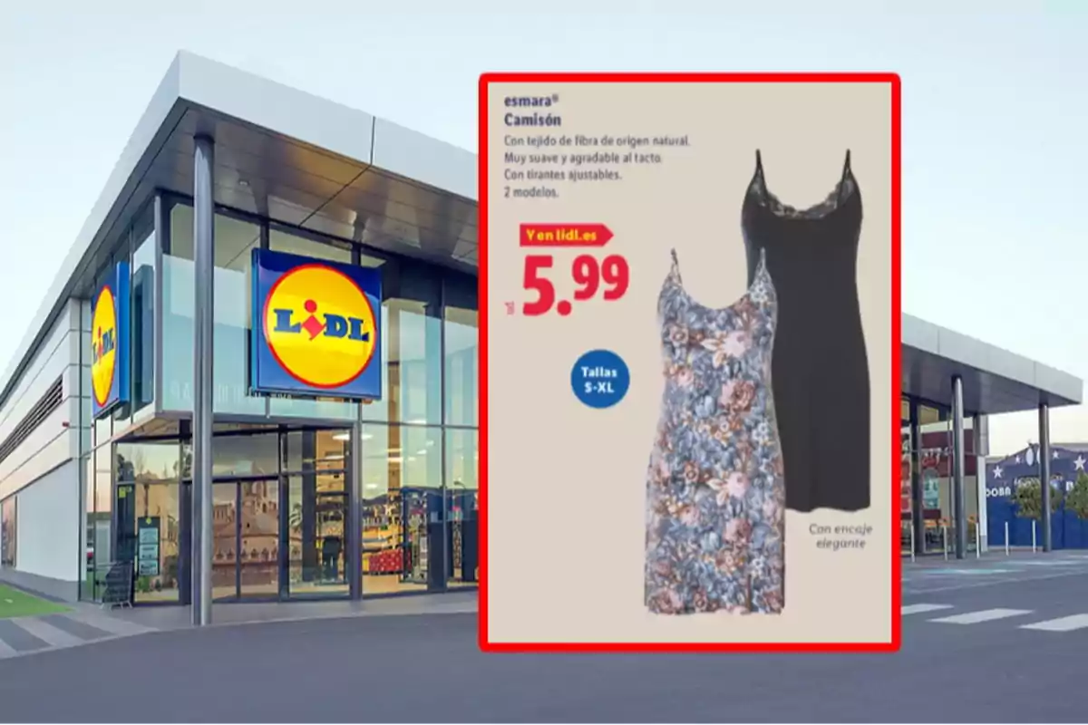 Fachada de una tienda Lidl con un anuncio de camisones Esmara en oferta por 5,99 euros en tallas S a XL, disponibles en dos modelos, uno floral y otro negro Fachada de una tienda Lidl con un anuncio de camisones Esmara en oferta por 5,99 euros en tallas S a XL, disponibles en dos modelos, uno floral y otro negro