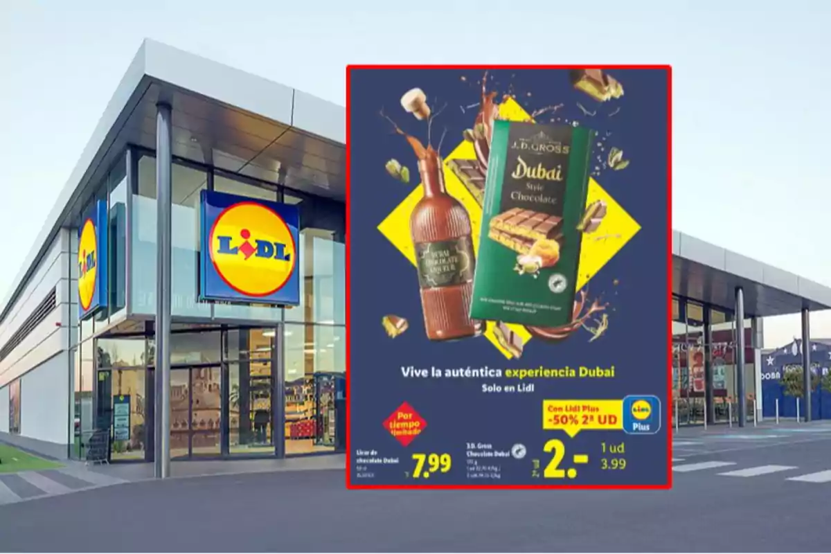 Fachada de un supermercado Lidl con un cartel promocional de productos de chocolate y licor estilo Dubái destacando precios y ofertas especiales Fachada de un supermercado Lidl con un cartel promocional de productos de chocolate y licor estilo Dubái destacando precios y ofertas especiales
