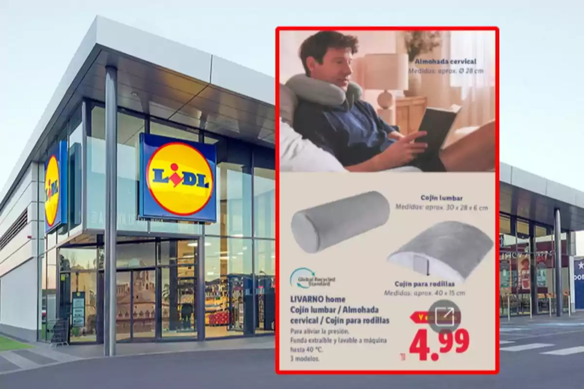 Fachada de una tienda Lidl con un anuncio de cojines y almohadas para el hogar en oferta por 4,99 euros Fachada de una tienda Lidl con un anuncio de cojines y almohadas para el hogar en oferta por 4,99 euros