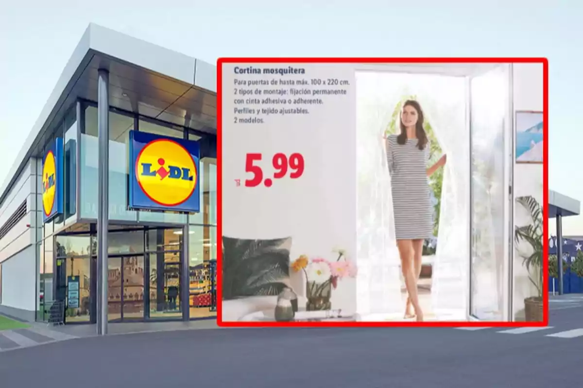 Fachada de una tienda Lidl con un cartel promocional de una cortina mosquitera por 5.99 euros donde aparece una mujer cruzando una puerta con la cortina instalada Fachada de una tienda Lidl con un cartel promocional de una cortina mosquitera por 5.99 euros donde aparece una mujer cruzando una puerta con la cortina instalada