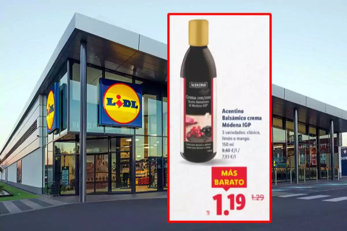 Fachada de un supermercado Lidl con un anuncio de oferta de crema balsámica Acentino a 1,19 euros destacado en primer plano Fachada de un supermercado Lidl con un anuncio de oferta de crema balsámica Acentino a 1,19 euros destacado en primer plano