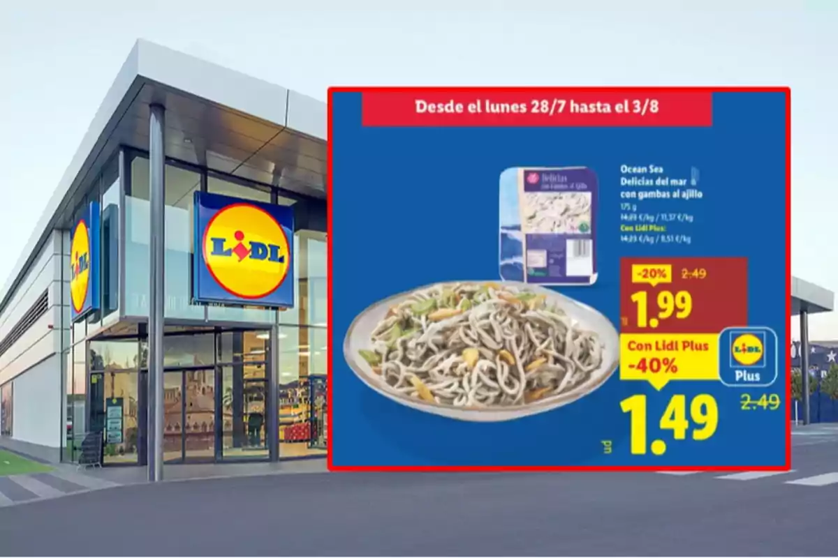 Fachada de supermercado Lidl con un cartel promocional de un producto de delicias del mar con gambas al ajillo en oferta Fachada de supermercado Lidl con un cartel promocional de un producto de delicias del mar con gambas al ajillo en oferta