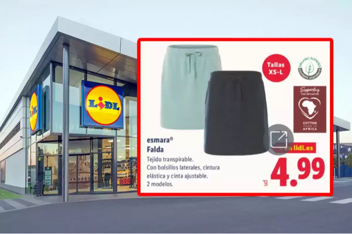 Fachada de una tienda Lidl con un anuncio de faldas Esmara en dos colores, disponibles en tallas XS a L, con tejido transpirable, bolsillos laterales, cintura elástica y cinta ajustable, a un precio de 4,99 euros. Fachada de una tienda Lidl con un anuncio de faldas Esmara en dos colores, disponibles en tallas XS a L, con tejido transpirable, bolsillos laterales, cintura elástica y cinta ajustable, a un precio de 4,99 euros.