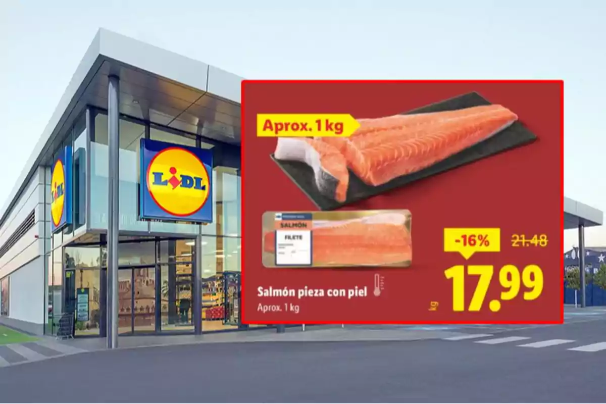 Fachada de supermercado Lidl con una oferta destacada de salmón con piel de aproximadamente un kilo a un precio rebajado de 17.99 euros Fachada de supermercado Lidl con una oferta destacada de salmón con piel de aproximadamente un kilo a un precio rebajado de 17.99 euros