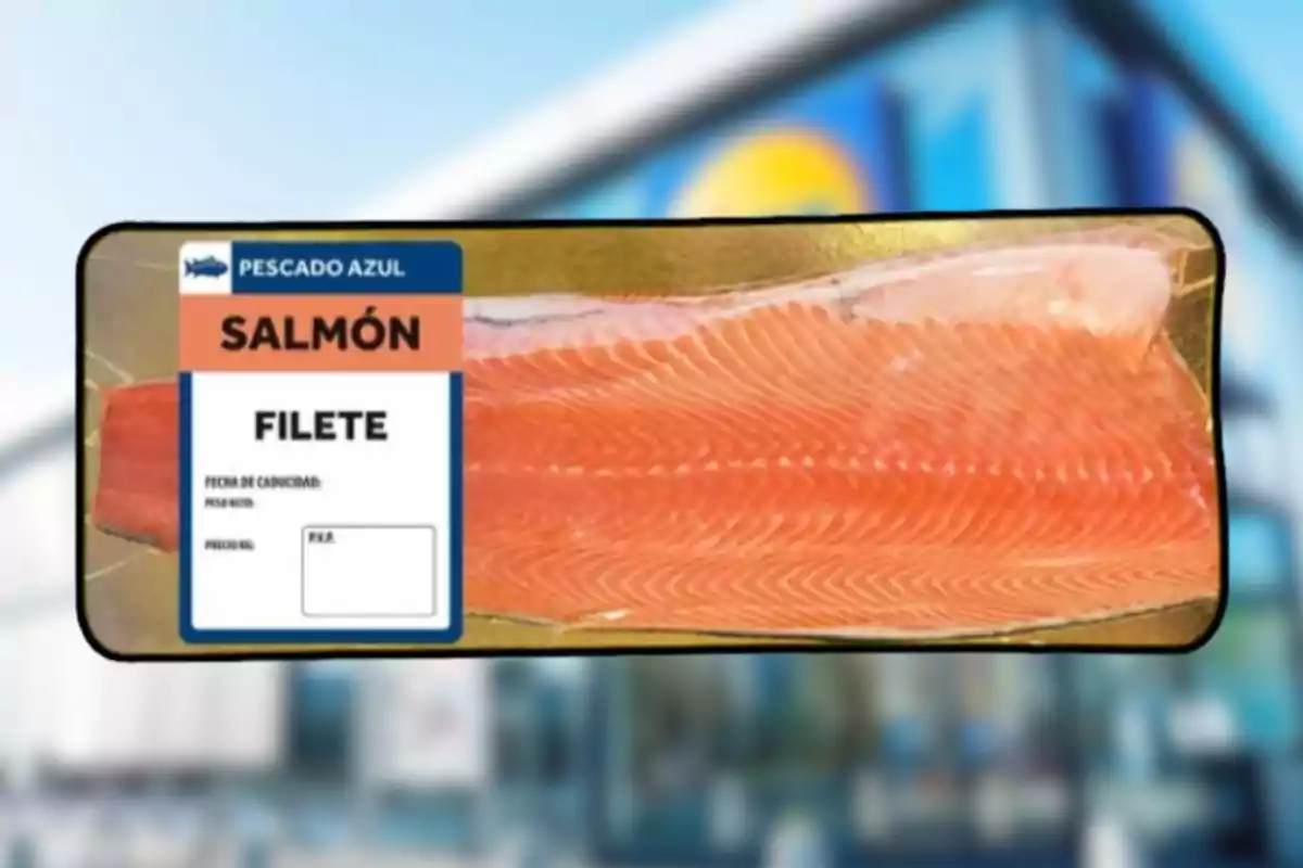 Paquete de filete de salmón envasado con etiqueta de pescado azul sobre un fondo borroso de supermercado Paquete de filete de salmón envasado con etiqueta de pescado azul sobre un fondo borroso de supermercado