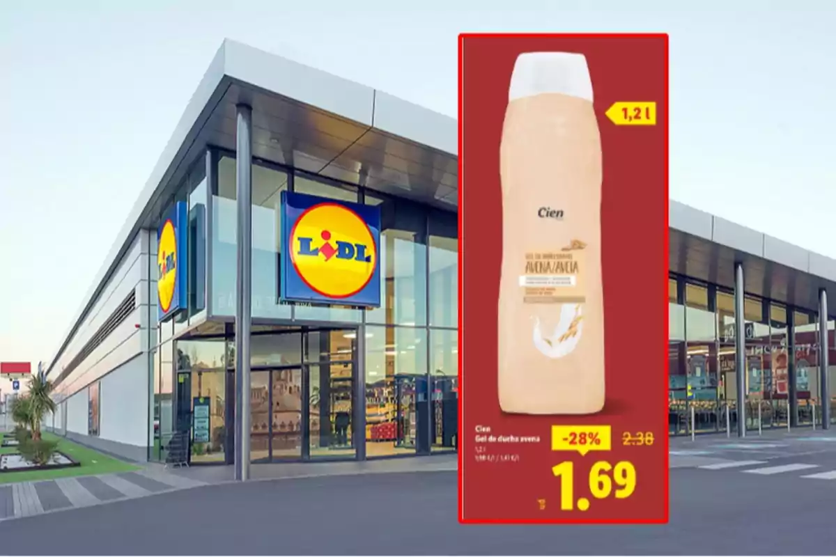 Fachada de un supermercado Lidl con una promoción de gel de ducha de avena Cien a 1,69 euros Fachada de un supermercado Lidl con una promoción de gel de ducha de avena Cien a 1,69 euros