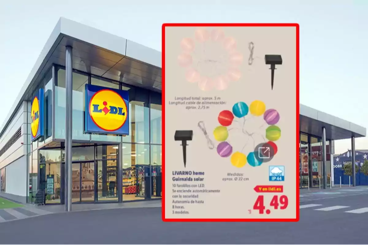 Fachada de una tienda Lidl con un cartel promocional de guirnaldas solares de colores a un precio de 4,49 euros Fachada de una tienda Lidl con un cartel promocional de guirnaldas solares de colores a un precio de 4,49 euros