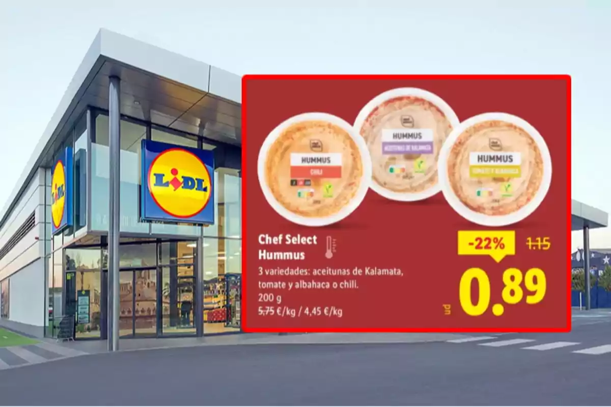 Fachada de un supermercado Lidl con una promoción de hummus Chef Select en tres variedades a un precio rebajado de 0,89 euros Fachada de un supermercado Lidl con una promoción de hummus Chef Select en tres variedades a un precio rebajado de 0,89 euros