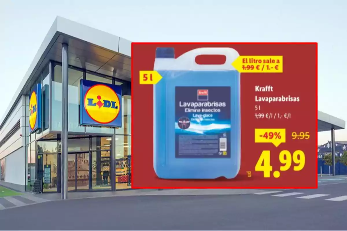 Fachada de una tienda Lidl con una promoción destacada de lavaparabrisas Krafft de 5 litros a un precio rebajado de 4,99 euros Fachada de una tienda Lidl con una promoción destacada de lavaparabrisas Krafft de 5 litros a un precio rebajado de 4,99 euros