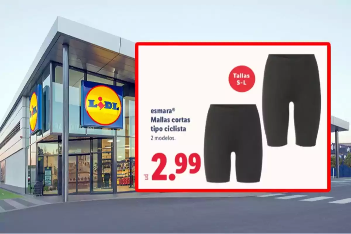 Tienda Lidl con un anuncio de mallas cortas tipo ciclista en oferta a 2.99 euros en tallas S a L Tienda Lidl con un anuncio de mallas cortas tipo ciclista en oferta a 2.99 euros en tallas S a L