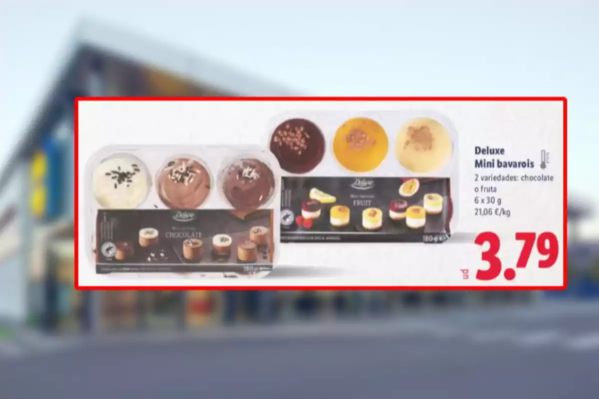 Envase de postres Deluxe Mini bavarois en dos variedades chocolate y fruta con precio de 3.79 euros Envase de postres Deluxe Mini bavarois en dos variedades chocolate y fruta con precio de 3.79 euros