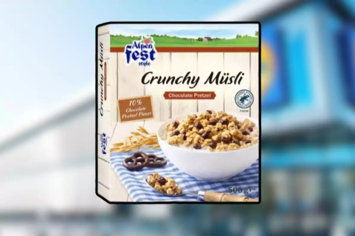 Caja de cereal Alpen Fest Crunchy Müsli Chocolate Pretzel con imagen de un tazón de cereal y pretzels de chocolate sobre un mantel azul a cuadros Caja de cereal Alpen Fest Crunchy Müsli Chocolate Pretzel con imagen de un tazón de cereal y pretzels de chocolate sobre un mantel azul a cuadros