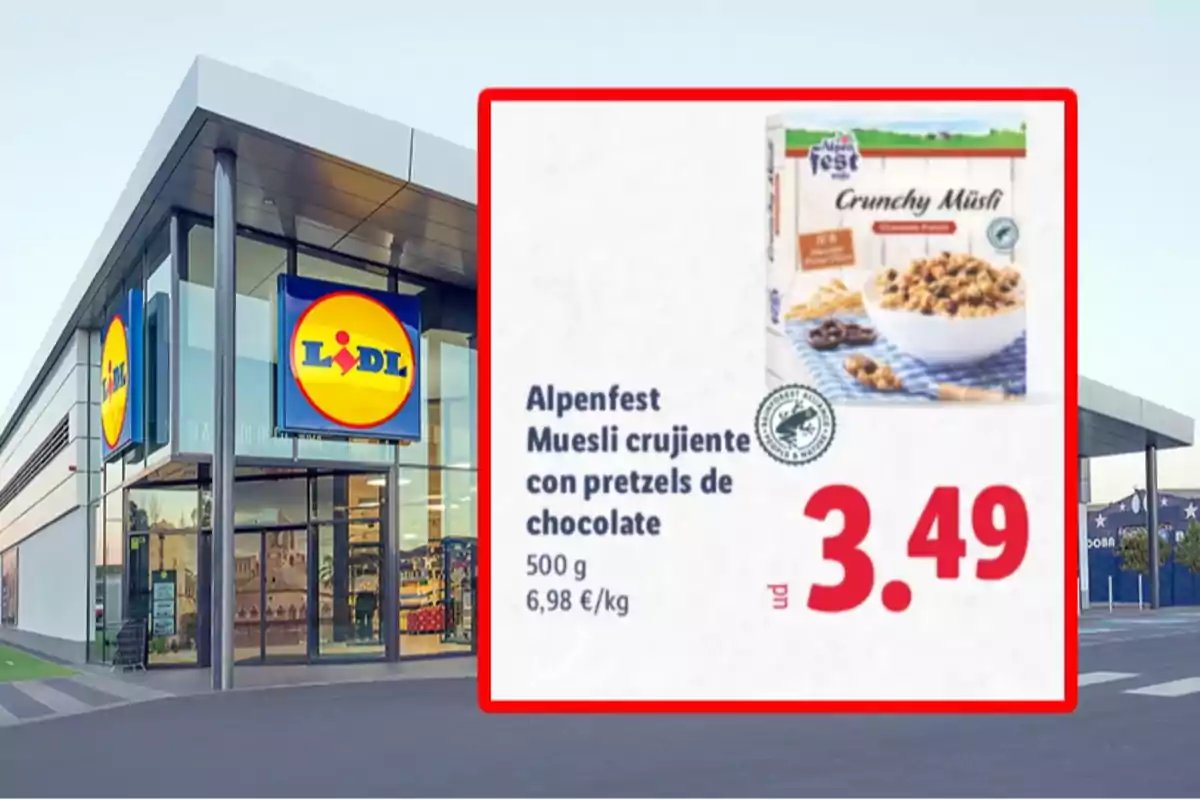 Fachada de supermercado Lidl con una promoción de muesli crujiente con pretzels de chocolate Alpenfest a 3,49 euros Fachada de supermercado Lidl con una promoción de muesli crujiente con pretzels de chocolate Alpenfest a 3,49 euros