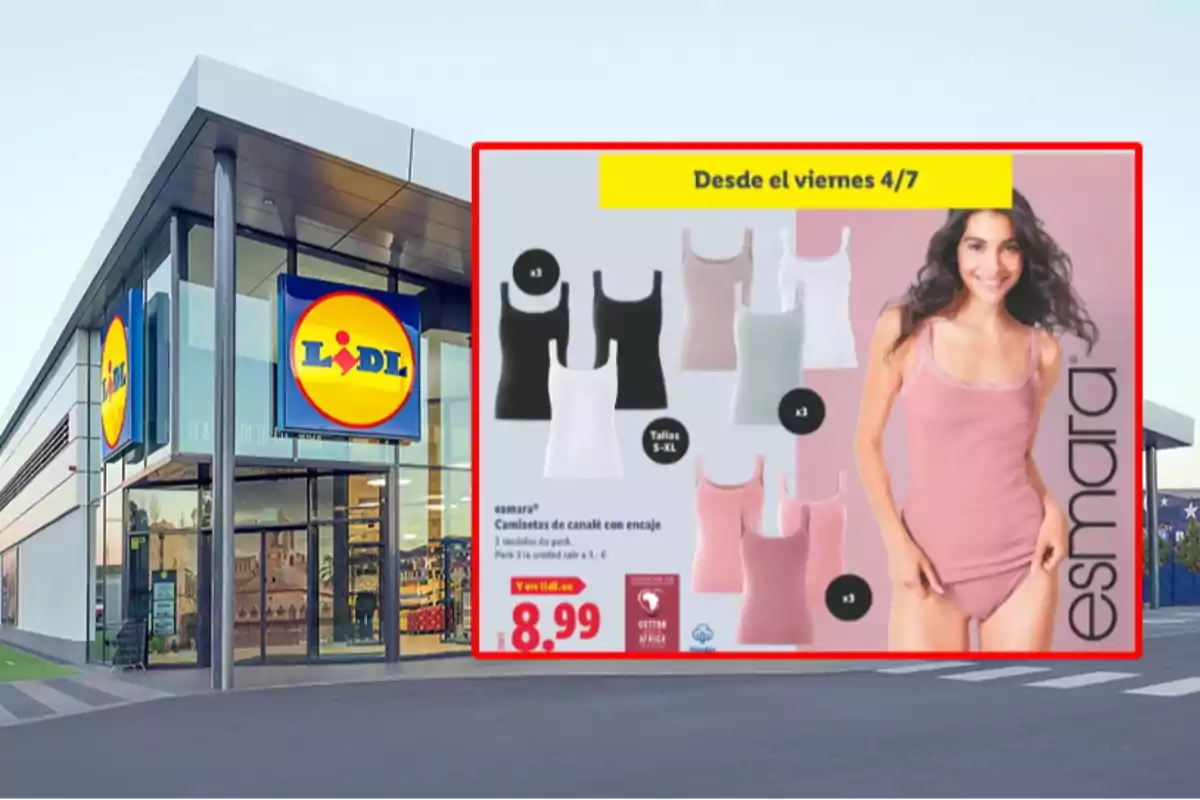 Fachada de una tienda Lidl con un cartel promocional de camisetas de tirantes para mujer de la marca Esmara en diferentes colores y tallas, anunciando una oferta especial Fachada de una tienda Lidl con un cartel promocional de camisetas de tirantes para mujer de la marca Esmara en diferentes colores y tallas, anunciando una oferta especial