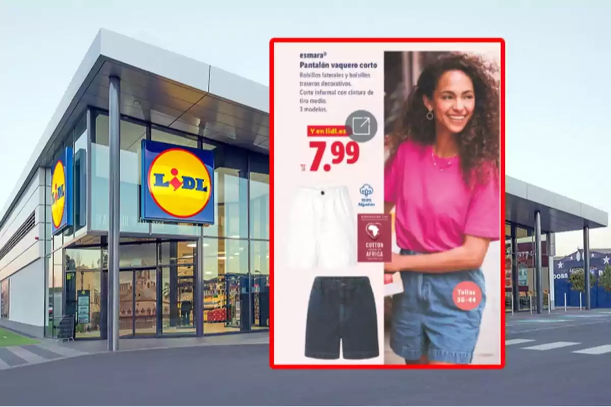 Fachada de una tienda Lidl con un cartel promocional de pantalones vaqueros cortos para mujer a 7,99 euros Fachada de una tienda Lidl con un cartel promocional de pantalones vaqueros cortos para mujer a 7,99 euros